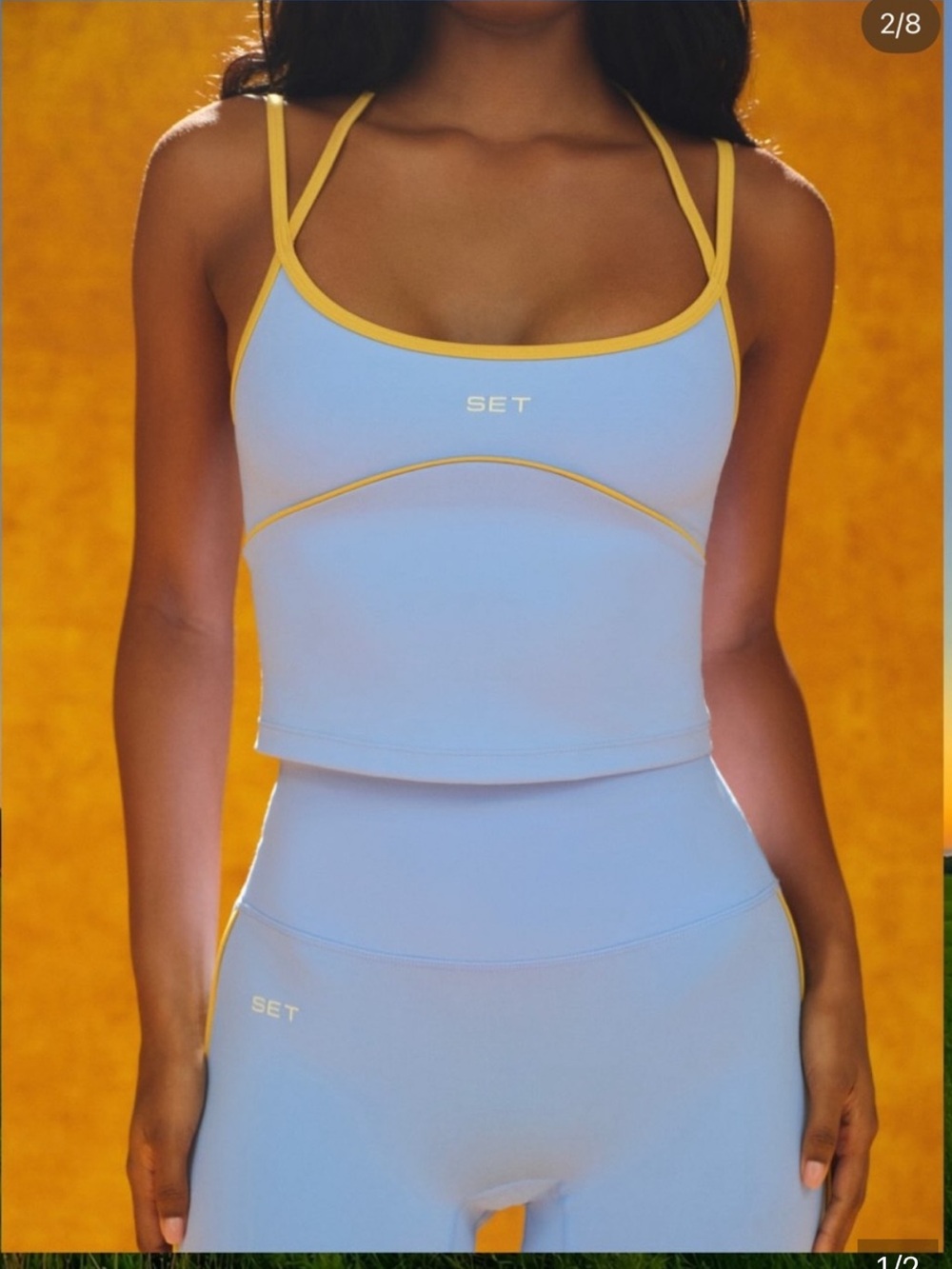 NWT SET Active LUXFORM Light Blue Crop Tank & bike shorts w Yellow Trim - Picture 1 of 2